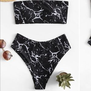 Marble Pattern Bandeau With High Waist Bikini -M